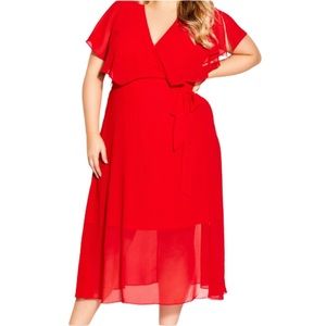 City Chic Softly Tied Flutter Sleeve Dress in Lipstick Red